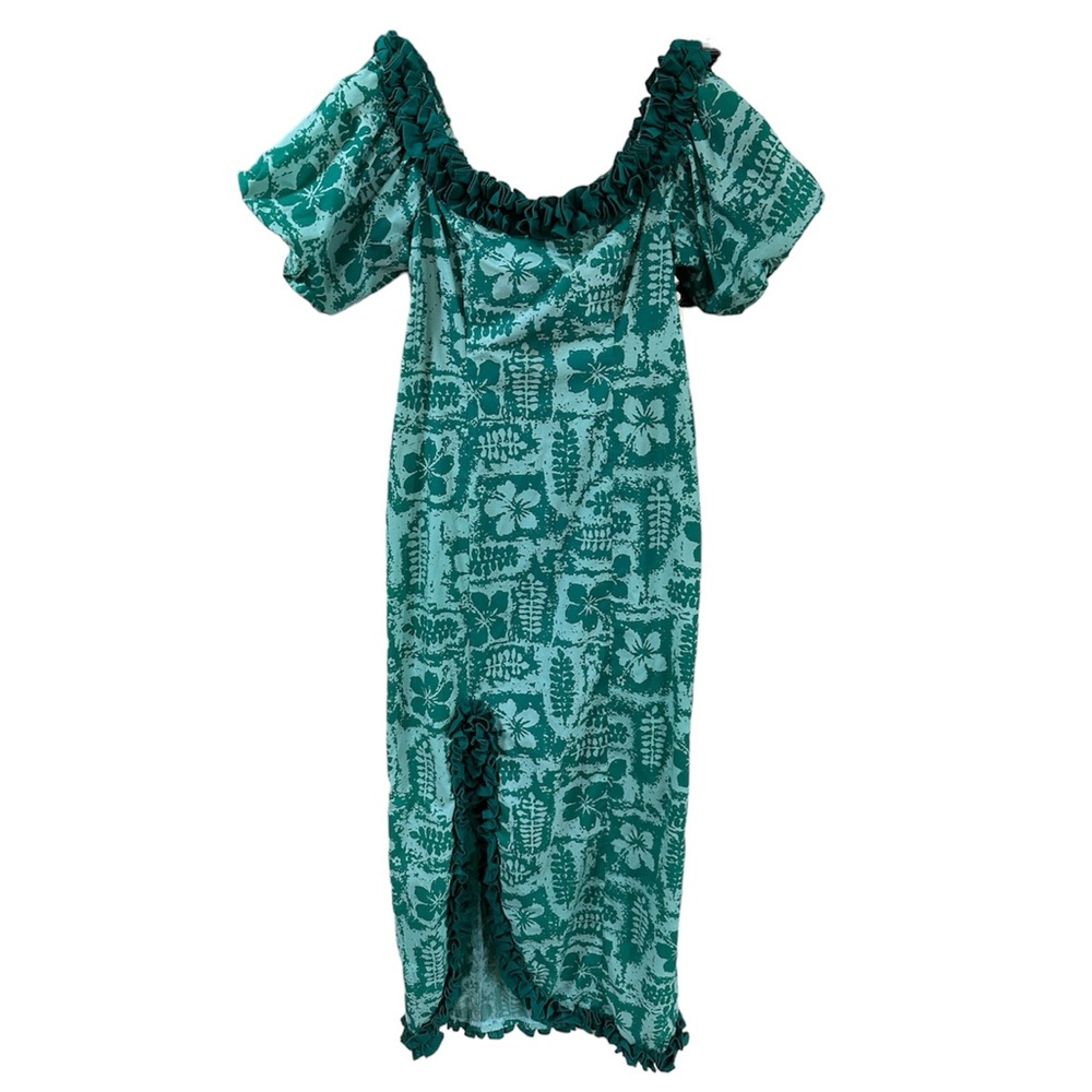Vintage Hawaiian Muumuu Princess Kaiulani Green Tropical Ruffle Dress